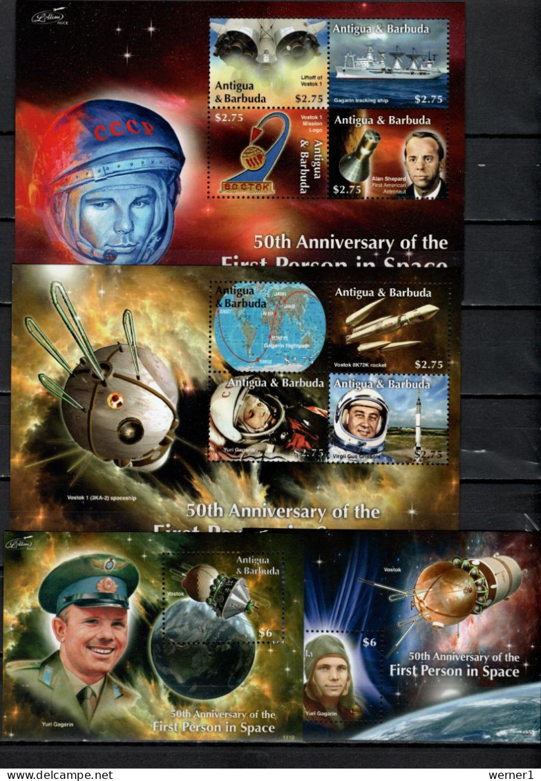 Antigua 2011 Space, Yuri Gagarin 50th Annivers. First Man In Space Set Of 2 Sheetlets + 2 S/s MNH - Noord-Amerika