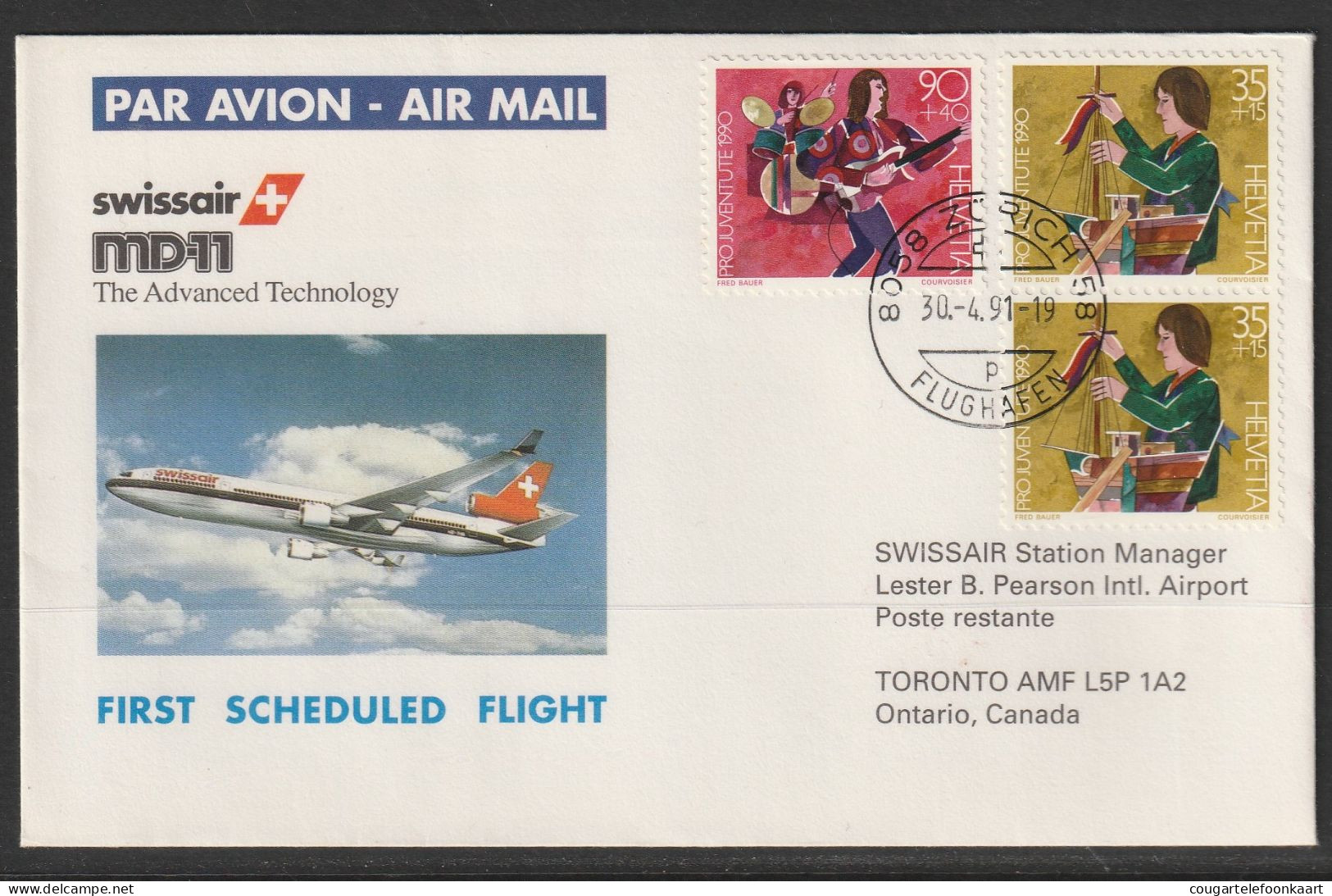 1991, Swissair, Erstflug, Zürich - Toronto - Erst- U. Sonderflugbriefe