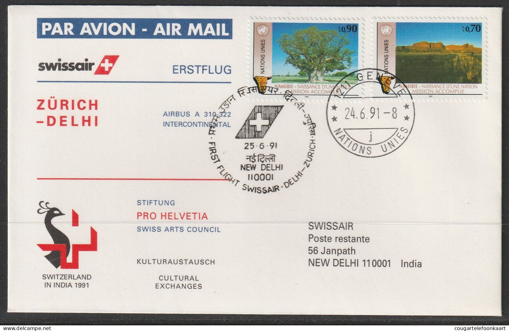 1991, Swissair, Erstflug, Genf UN - New Delhi India - Erst- U. Sonderflugbriefe