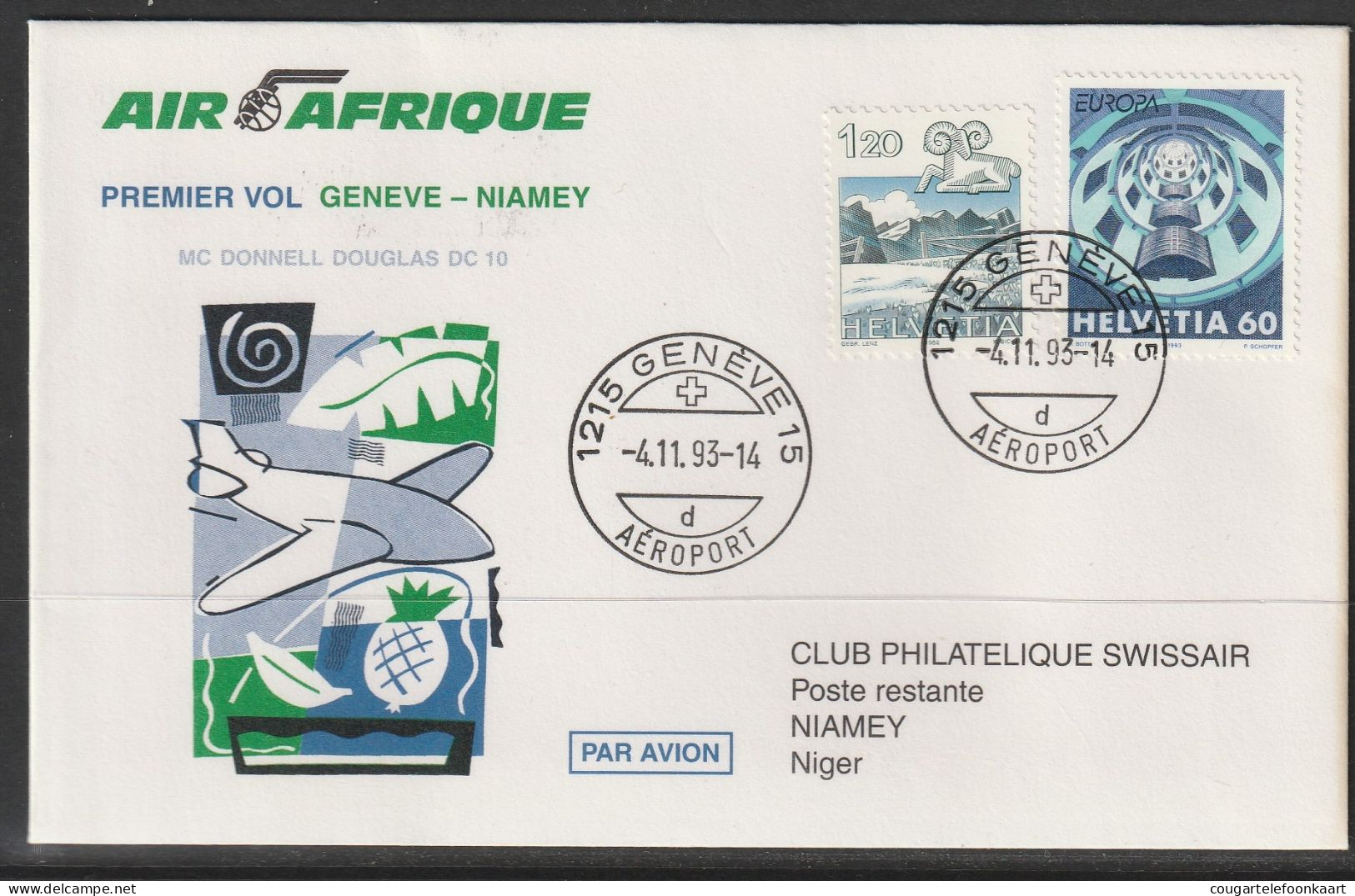 1993, Air Afrique, Erstflug, Genf - Niamey Niger - First Flight Covers