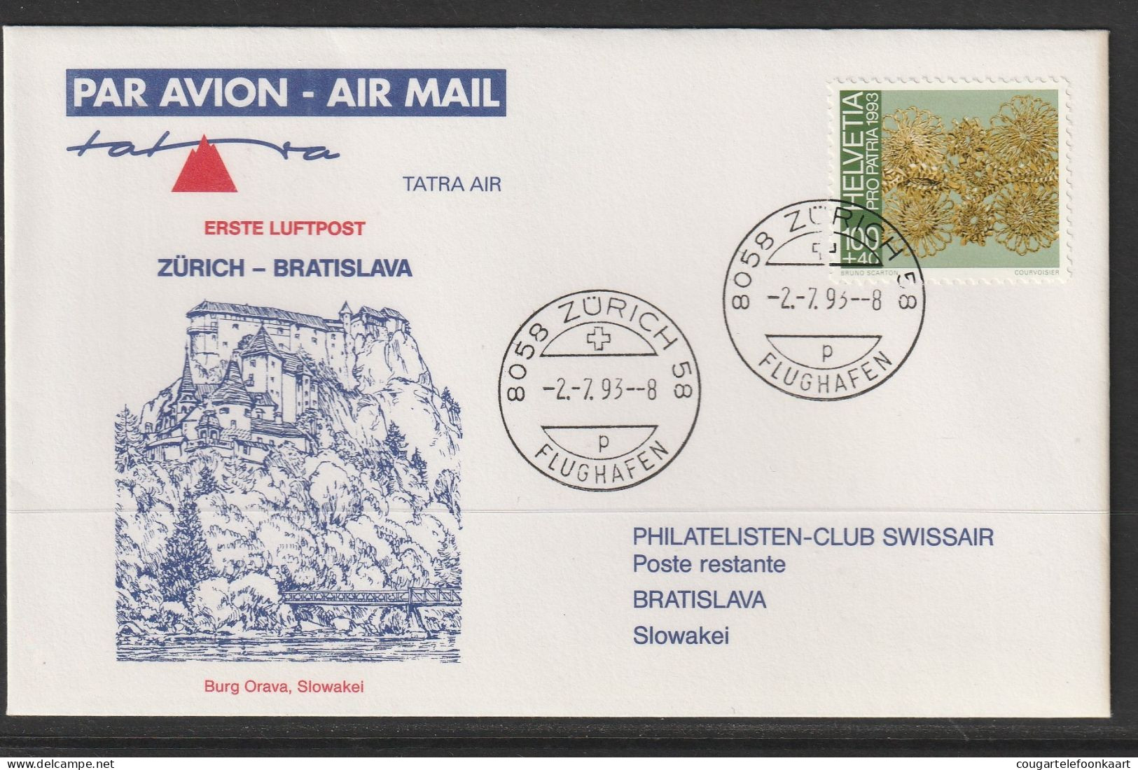 1993, Tatra, Erstflug, Zürich - Bratislava Slowakia - Erst- U. Sonderflugbriefe