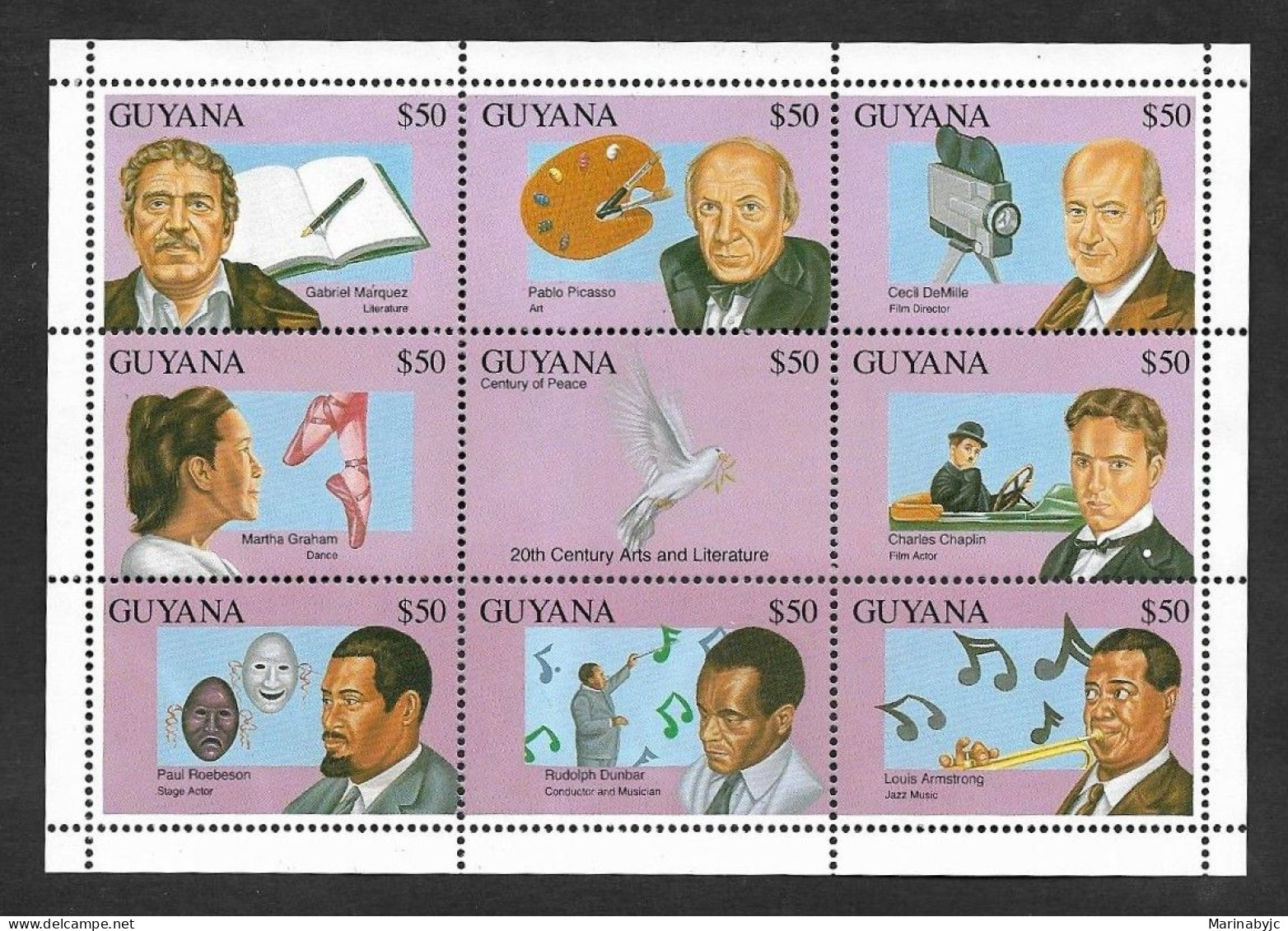 SD)1993 GUYANA FROM THE SERIES ART AND LITERATURE, CHARACTERS OF THE 20TH CENTURY, MINISHEET OF 9 STAMPS MNH - Guyana (1966-...)