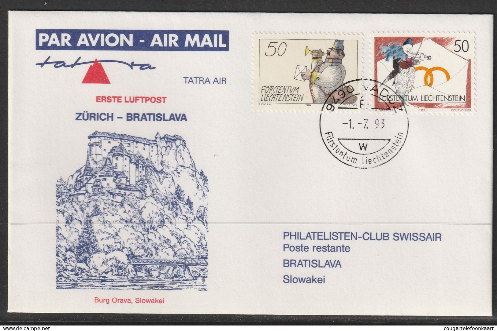 1993, Tatra, Erstflug, Liechtenstein - Bratislava Slowakia - Air Post