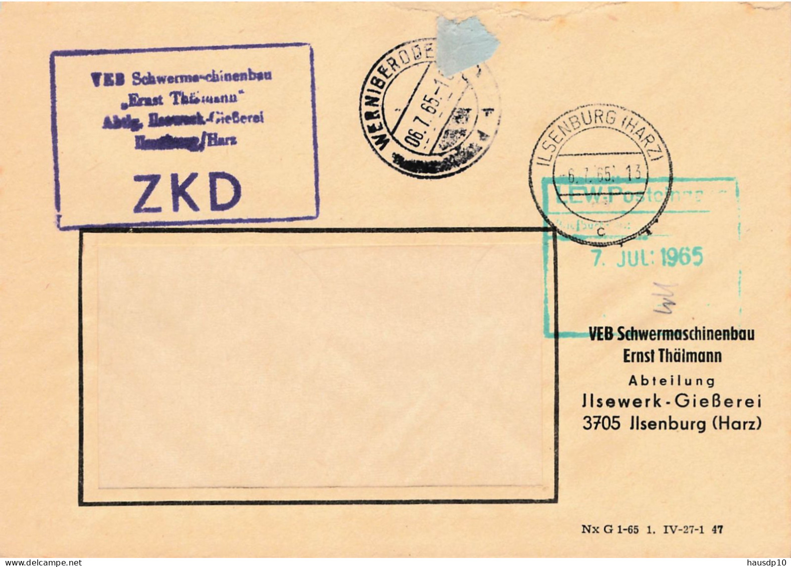DDR Brief ZKD 1965 VEB Schwermaschinenbau Ernst Thälmann Ilsewerk Gießerei Ilsenburg - Servicio Central De Correos