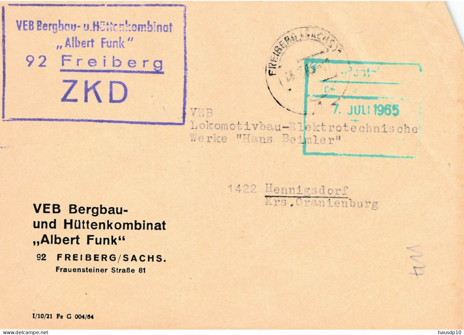 DDR Brief ZKD 1965 VEB Bergbau Und Hüttenbaukombinat Albert Funk Freiberg - Central Mail Service