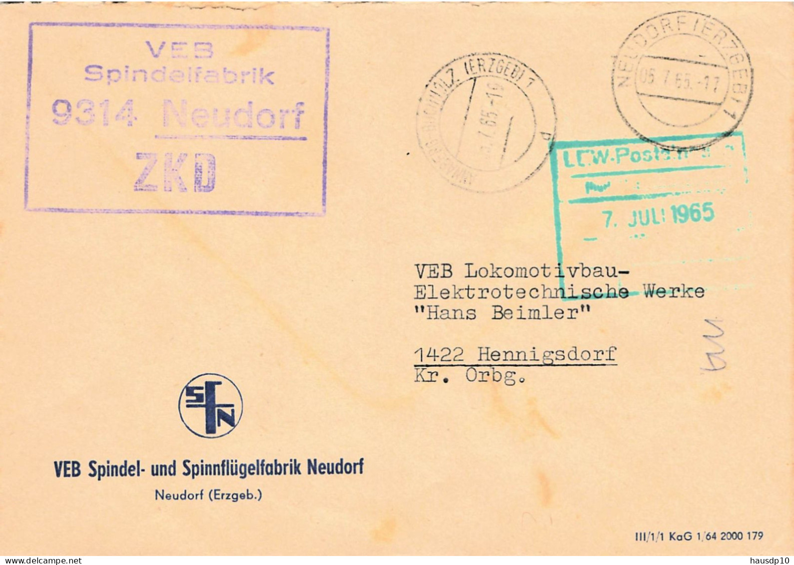 DDR Brief ZKD 1965 VEB Spindelfabrik Neudorf - Zentraler Kurierdienst