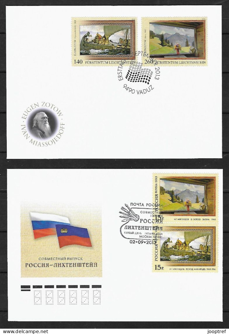 2013 Joint Liechtenstein And Russia, BOTH OFFICIAL FDC'S WITH 2 STAMPS: Painter Eugen Zotov - Emissions Communes