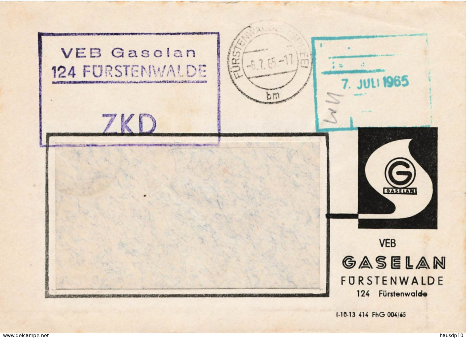 DDR Brief ZKD 1965 VEB Gaselan Fürstenwalde - Servicio Central De Correos