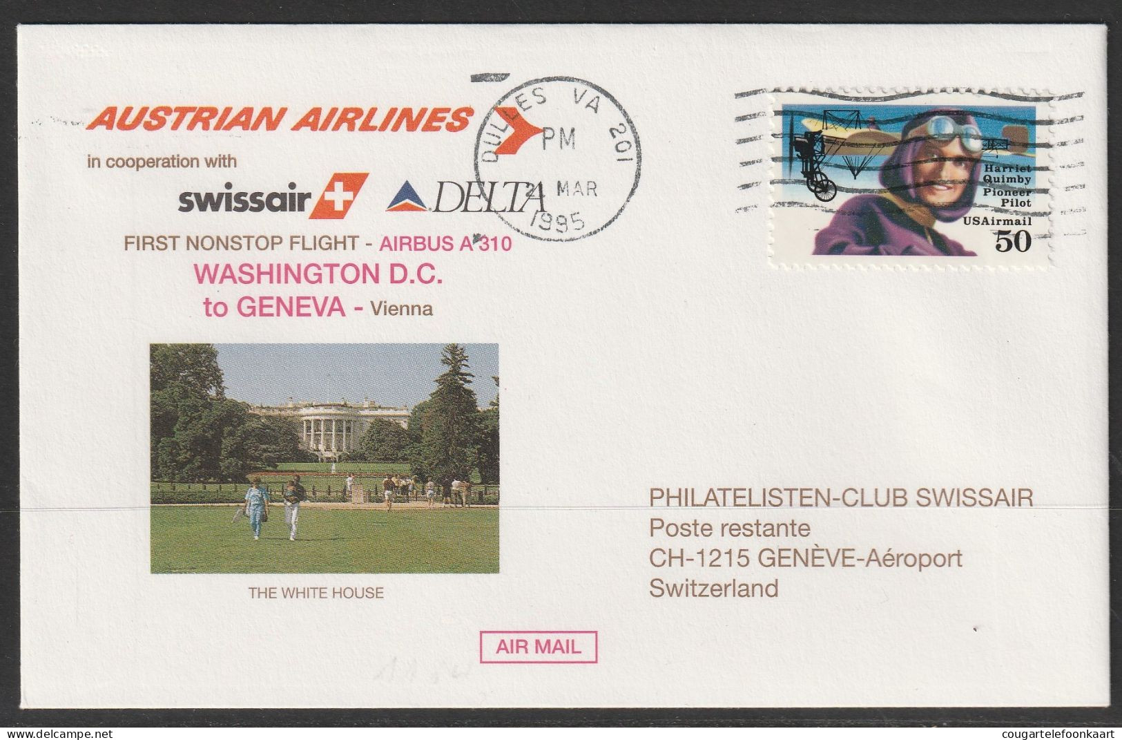 1995, AUA + Swissair + Delta Air, Erstflug, Washington - Genf - 3c. 1961-... Brieven