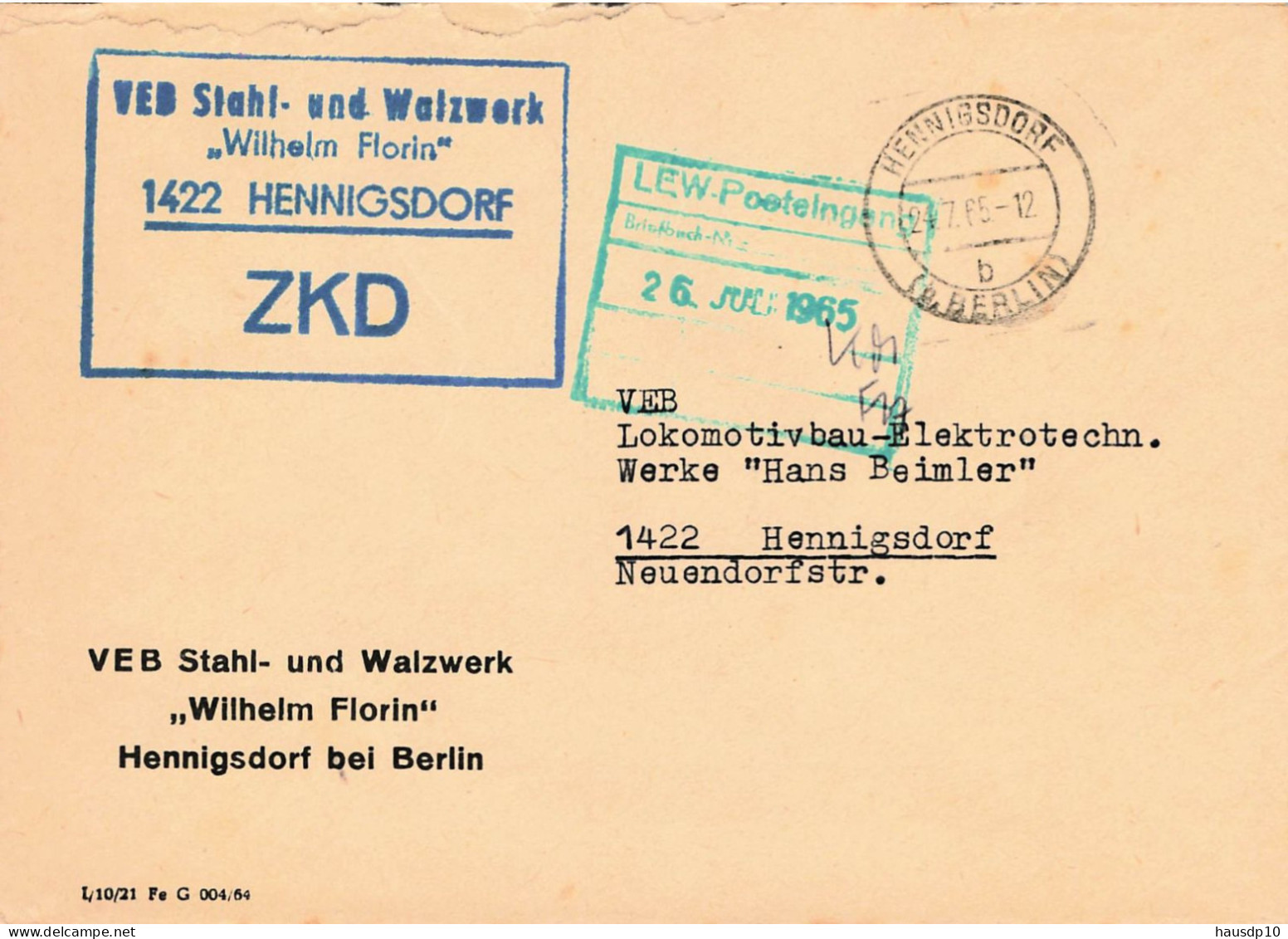 DDR Brief ZKD 1965 VEB Stahl Und Walzwerk Wilhelm Florin Hennigsdorf - Zentraler Kurierdienst