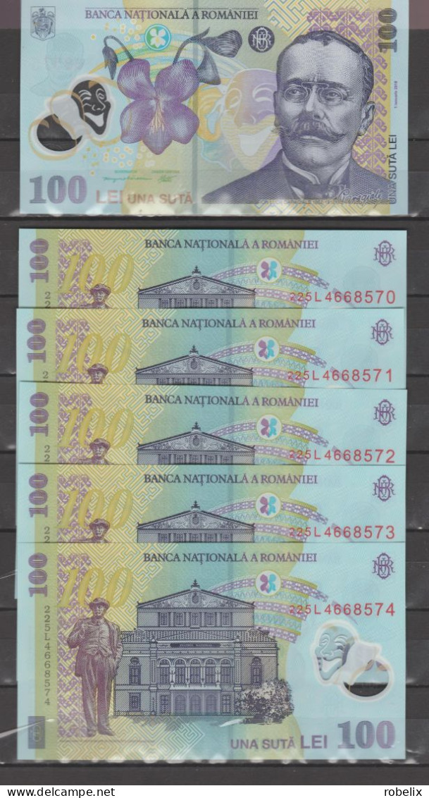 ROMANIA 100 LEI X 5 - 2018 ( Reprint 2022) - The Writer I.L.Caragiale - Polymer - UNC - Consecutive Series - Roumanie