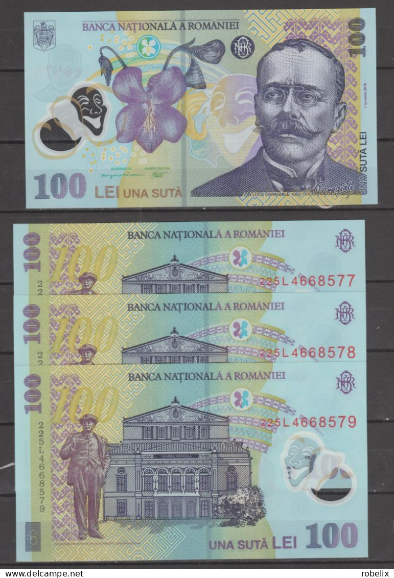 ROMANIA 100 LEI X 3 - 2018 ( Reprint 2022) - The Writer I.L.Caragiale - Polymer - UNC - Consecutive Series - Romania