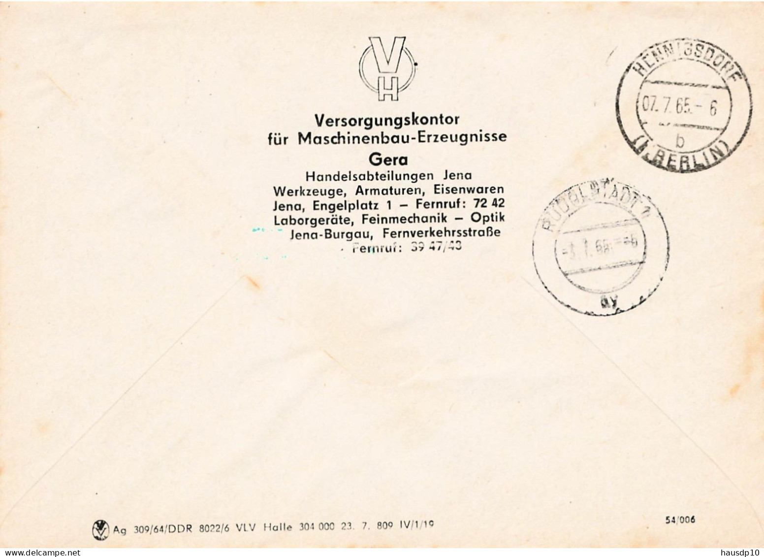DDR Brief ZKD 1965 VEB Maschinenbauerzeugnisse Gera Betriebsteil Jena - Zentraler Kurierdienst