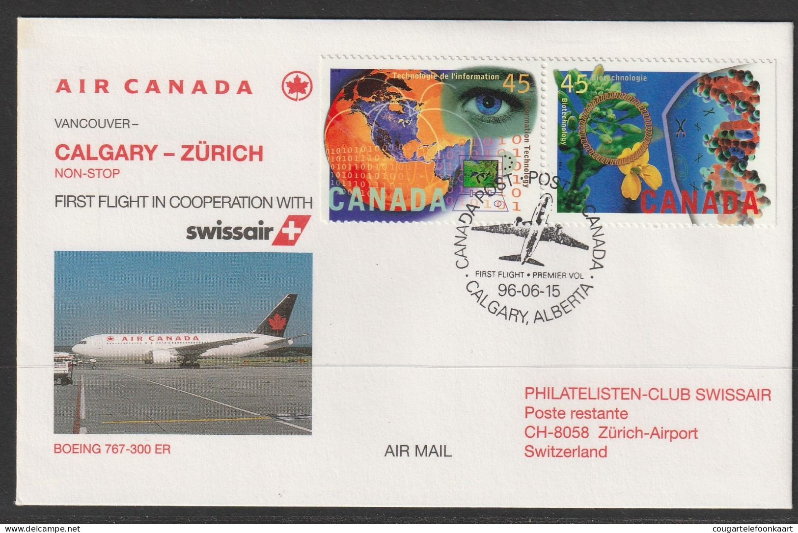 1996, Air Canada, Erstflug, Calgary - Zürich - Erst- U. Sonderflugbriefe