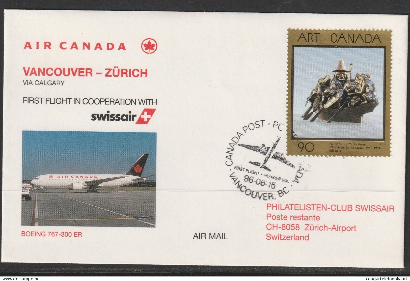 1996, Air Canada, Erstflug, Vancouver - Zürich - Erst- U. Sonderflugbriefe