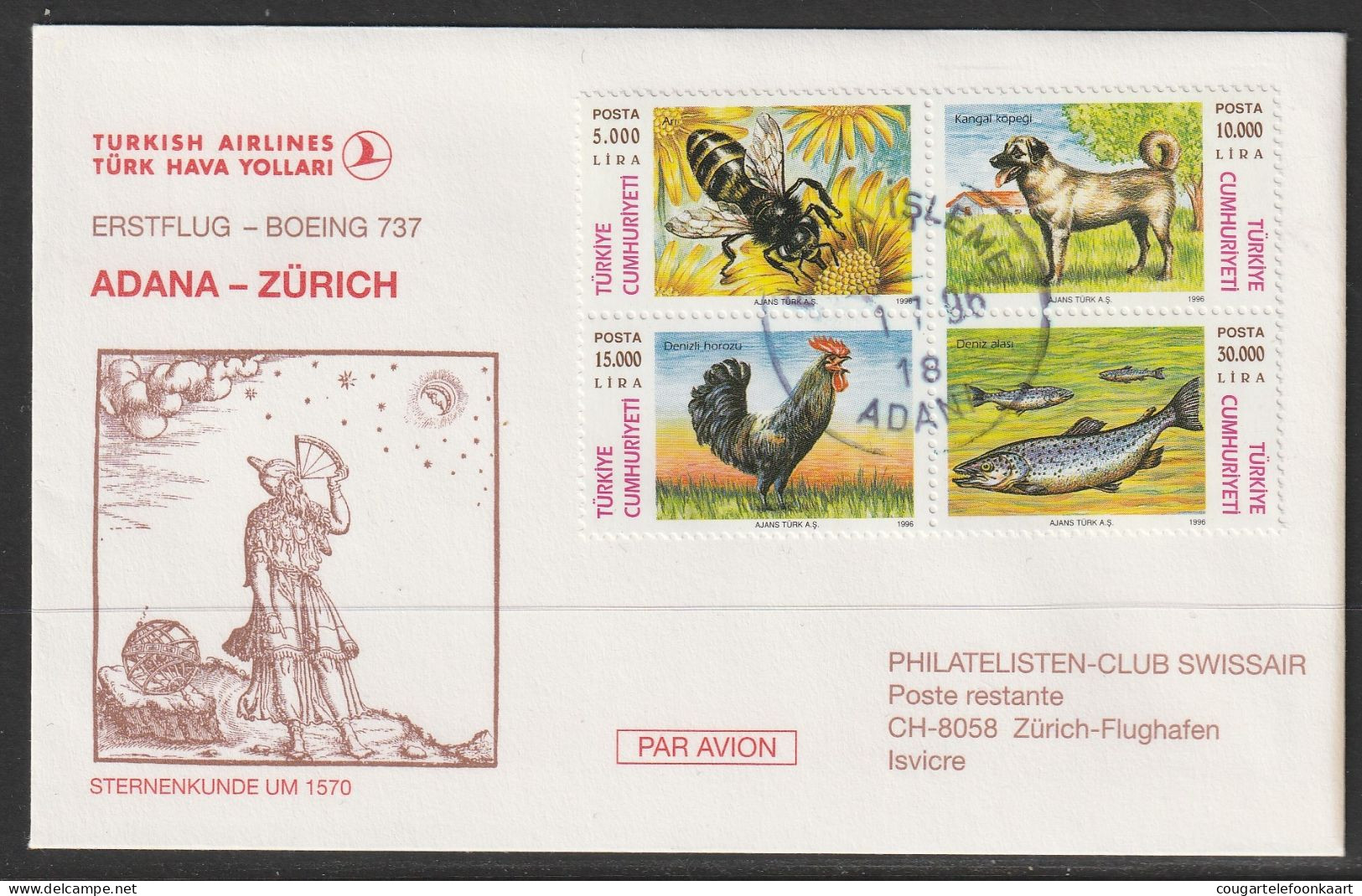 1996, Turkish Airlines, Erstflug, Adana - Zürich - Airmail