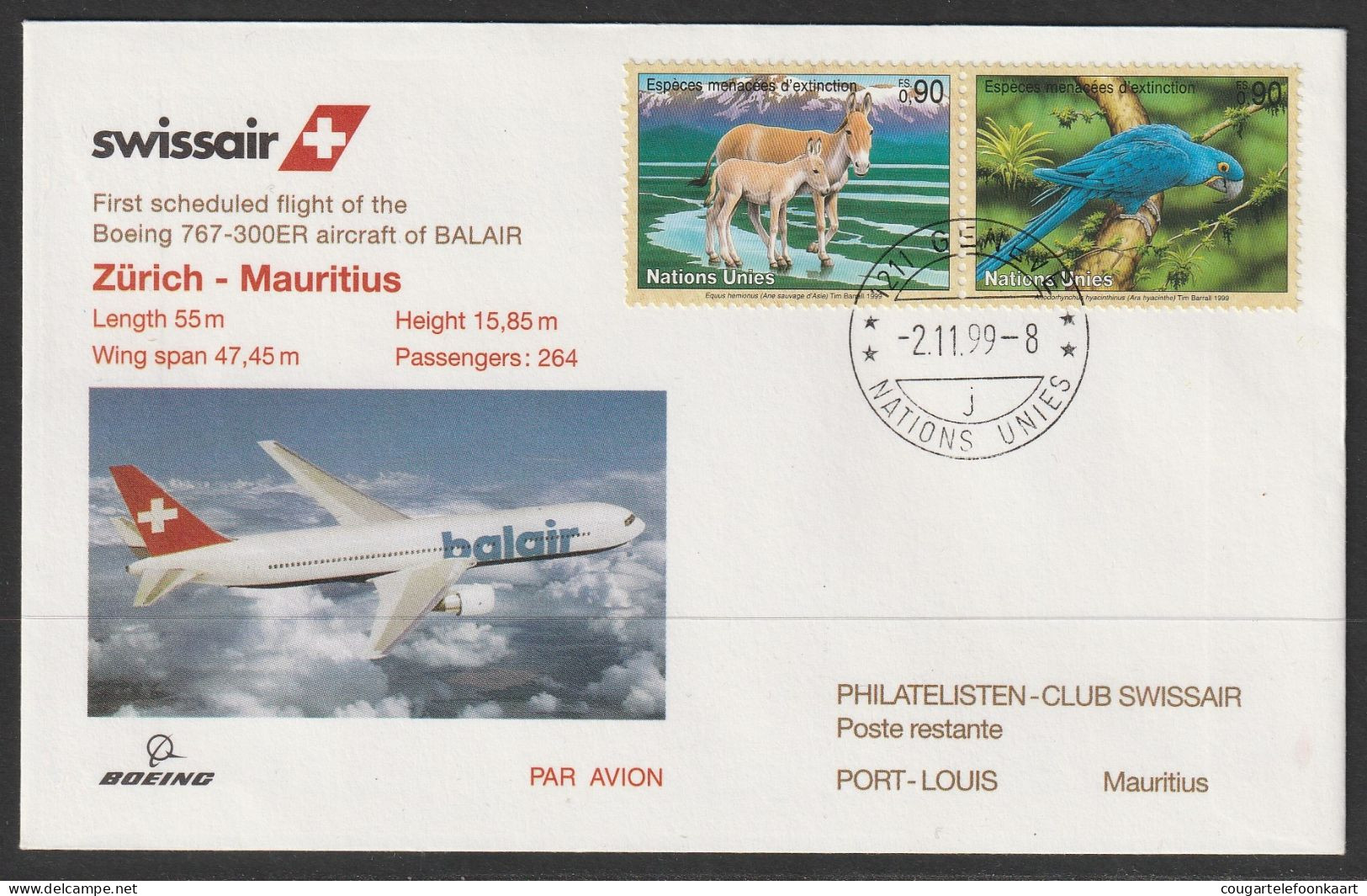 1999, Swissair, Erstflug, Genf UN - Port Louis Mauritius - First Flight Covers