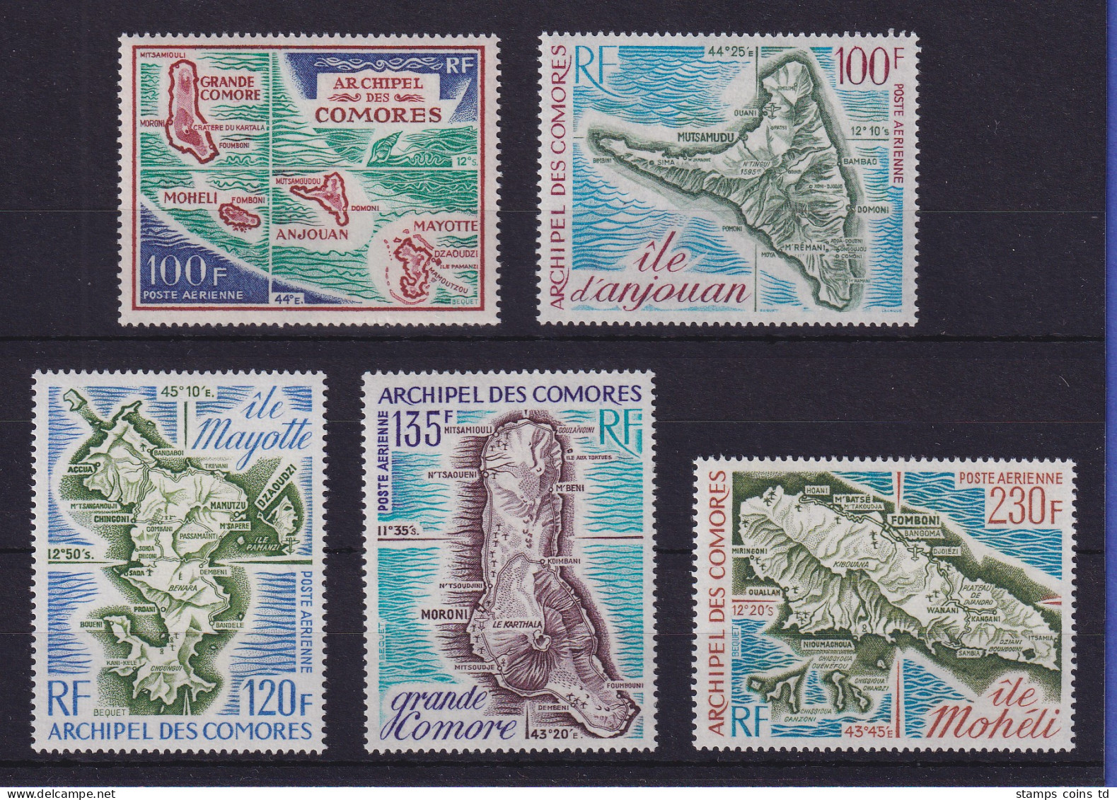 Komoren 1971/1975 Landkarten Der Inseln Mi.-Nr. 123, 147, 155, 179, 190 ** - Comores (1975-...)