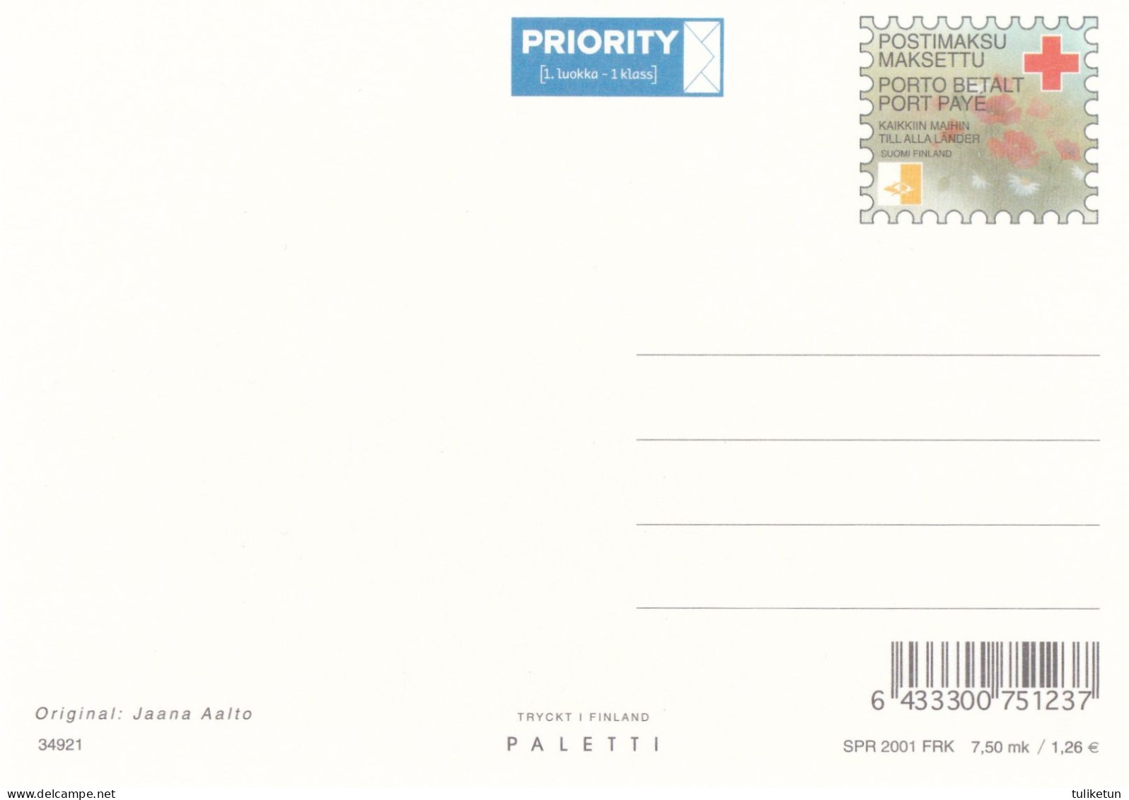 Postal Stationery - Flowers - Summer Meadow - Red Cross 2001 - Suomi Finland - Postage Paid - Postwaardestukken