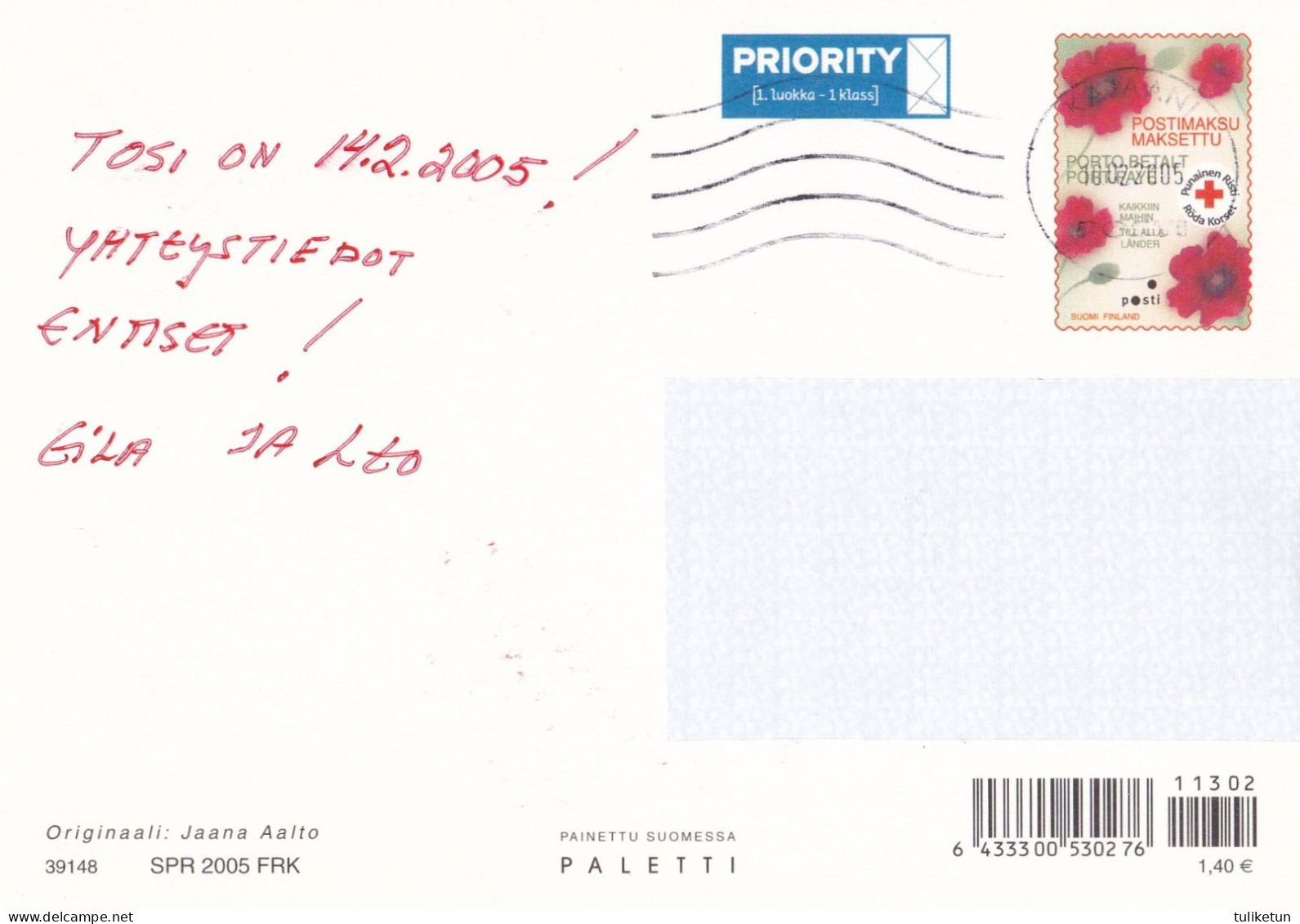 Postal Stationery - Flowers - Poppies - Red Cross 2005 - Suomi Finland - Postage Paid - Jaana Aalto - Enteros Postales