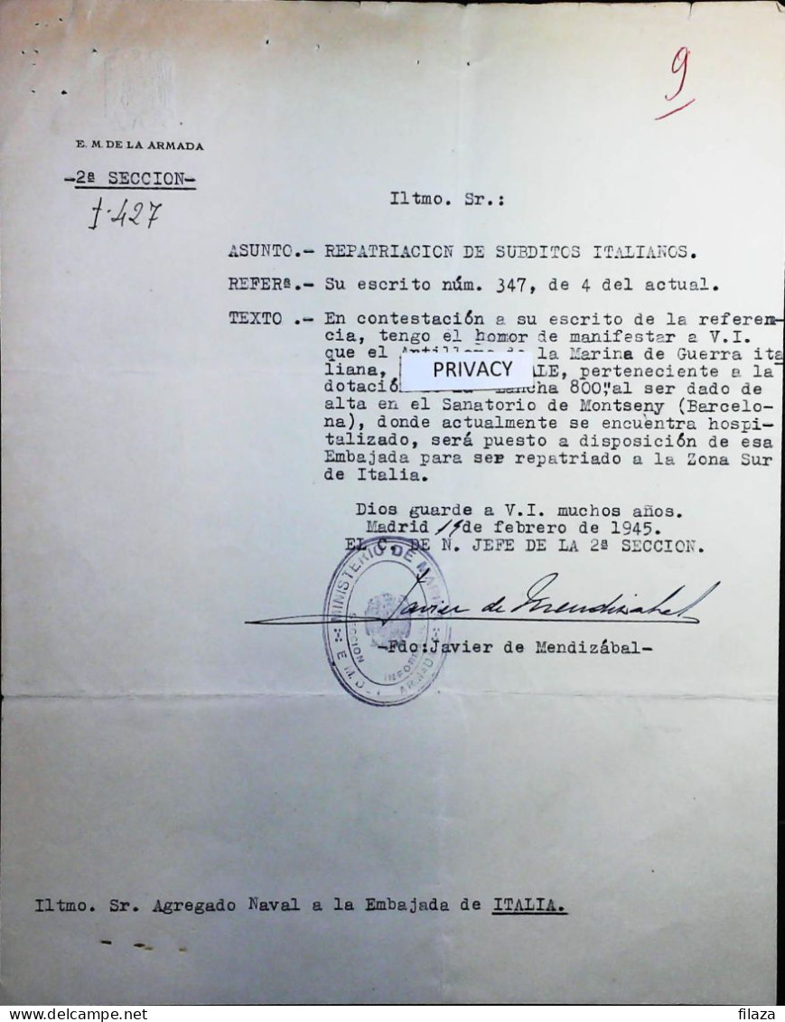 WW2+B54– 1945 MADRID - E.M.DE LA ARMADA - DOCUMENTO "REPATRIACION" - S6921 - Dokumente