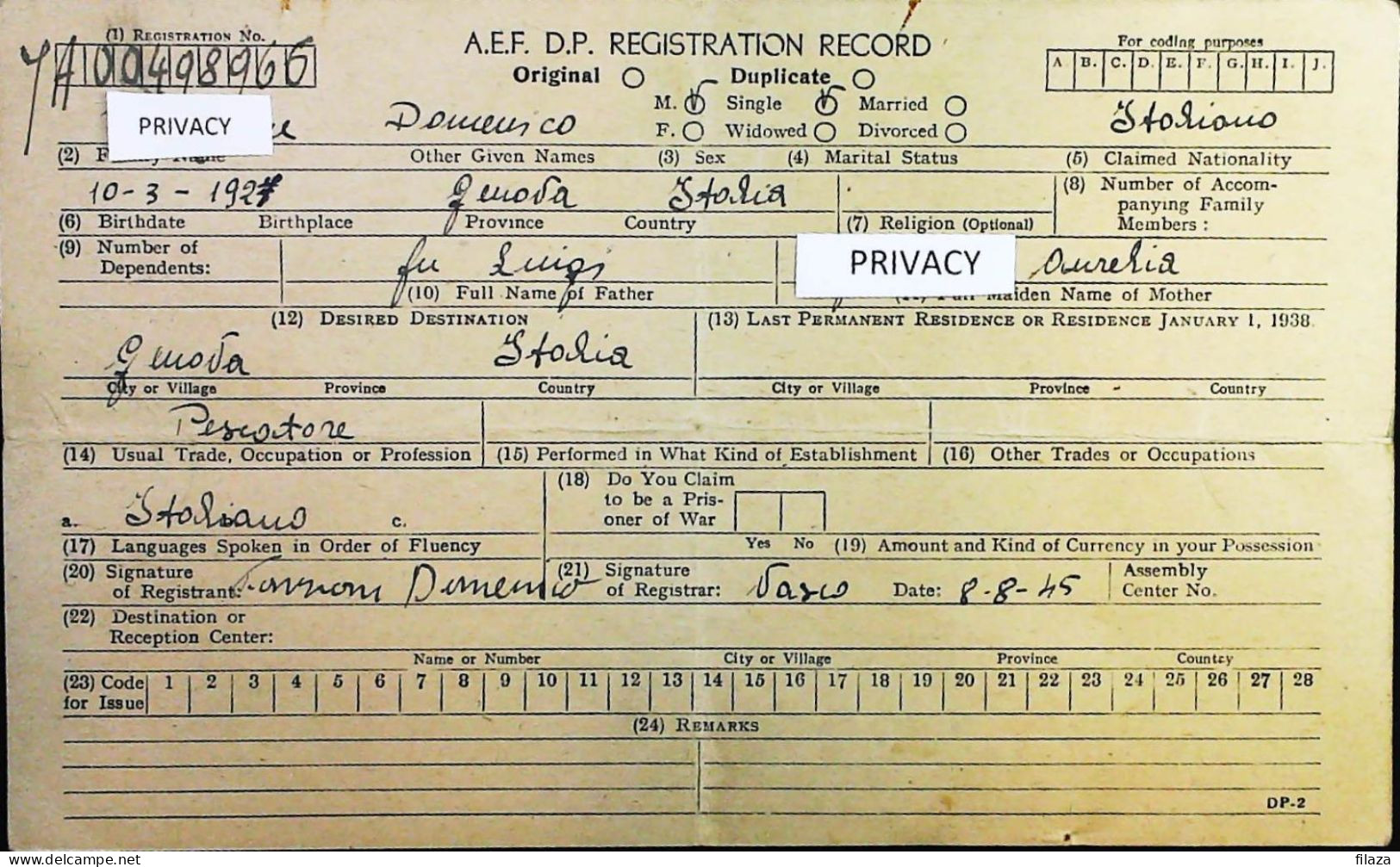 WW2 – 1945 Tessera - A.E.F. D.P. Registration Record Di Italiano – S6906 - Documents