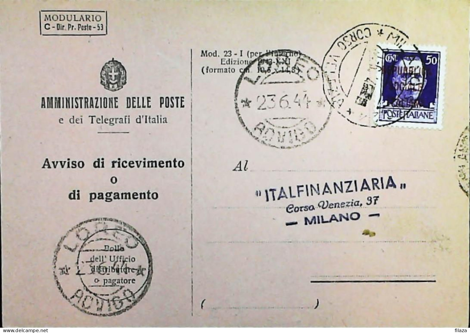 RSI 1943 - 1945 Avviso Ricevimento Da Milano  - S7493 - Marcofilía