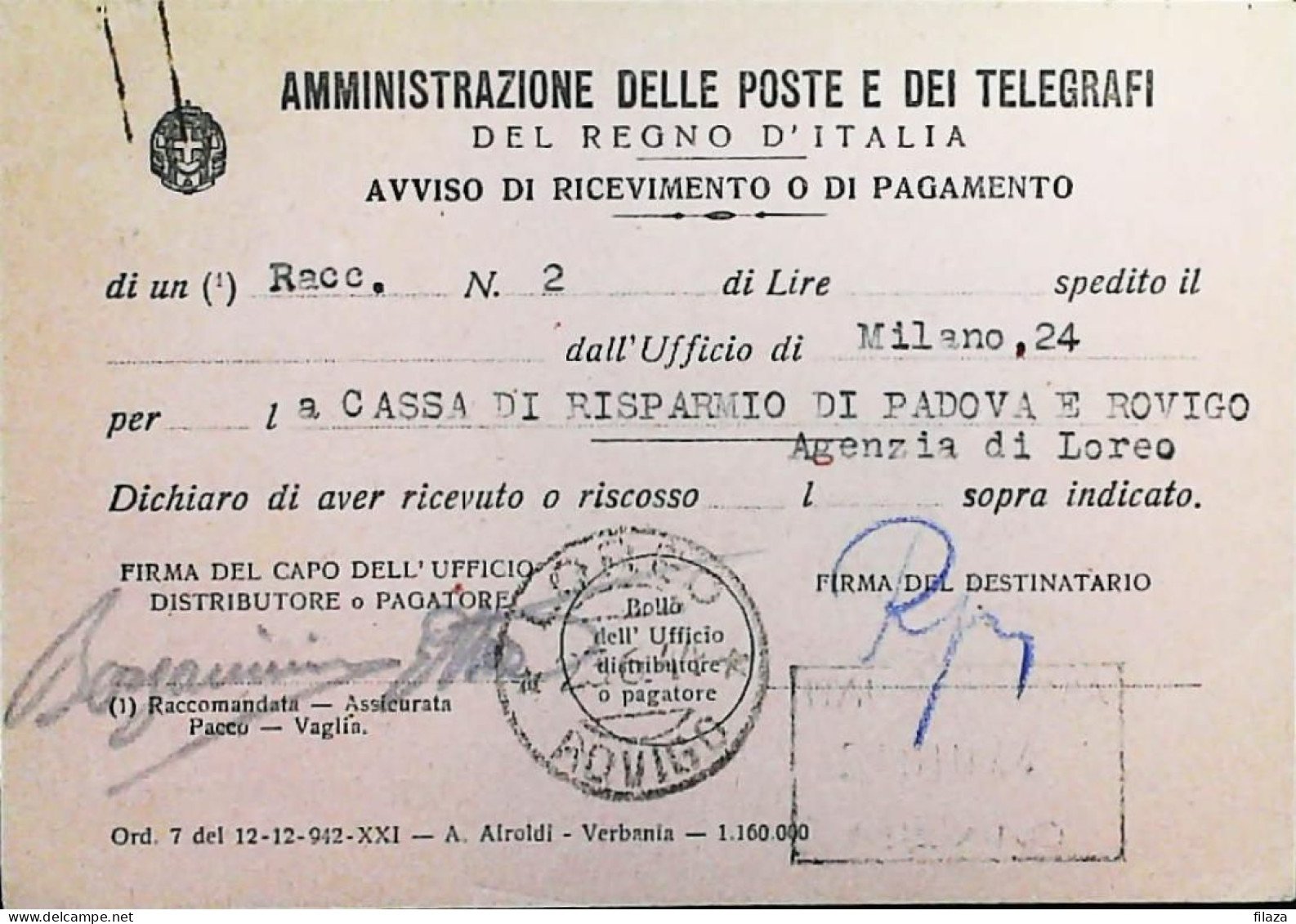 RSI 1943 - 1945 Avviso Ricevimento Da Milano  - S7493 - Marcofilía