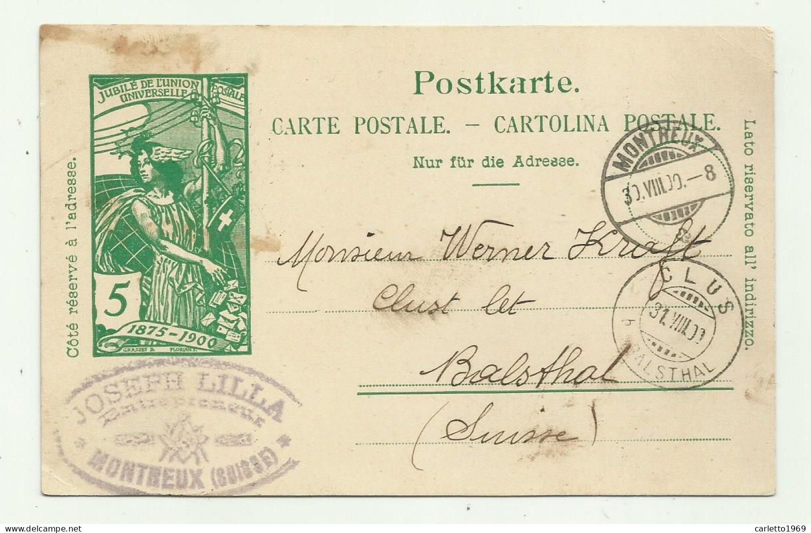 MONTREUX ( SUISSE ) ILLUSTRAZIONE JUBILE DE L'UNION POSTALE UNIVERSELLE 1900   - VIAGGIATA FP - Montreux