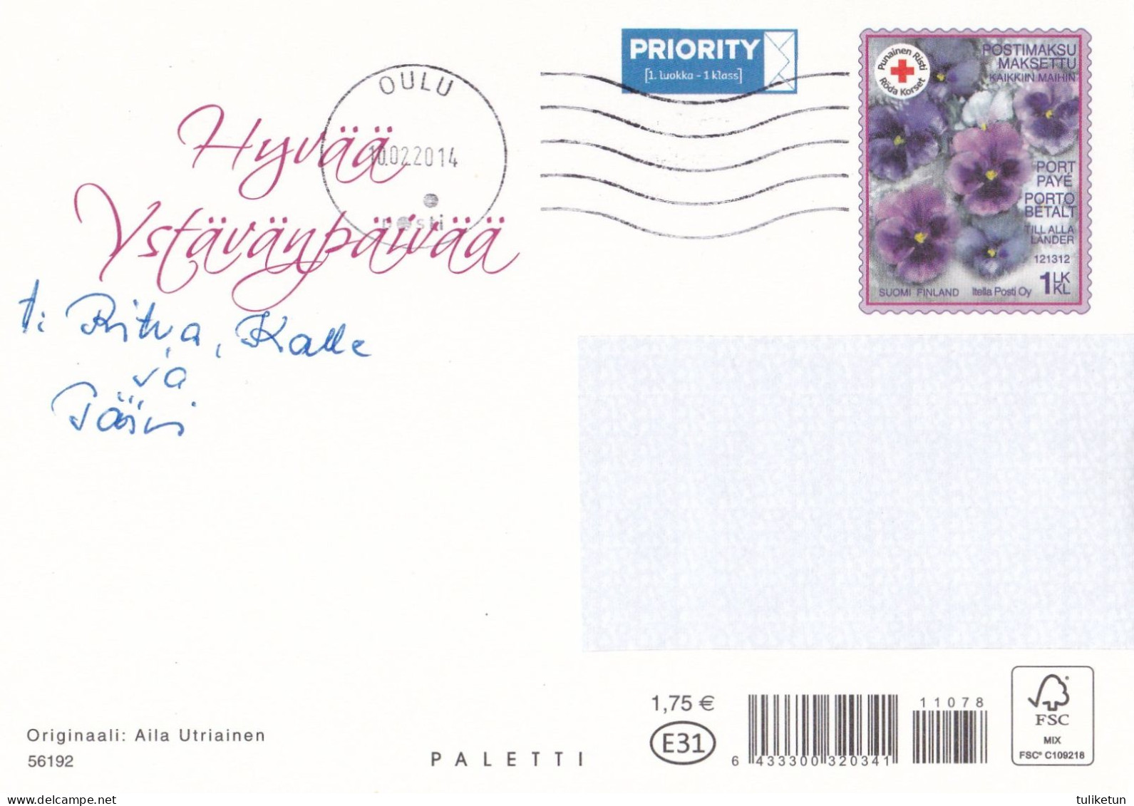 Postal Stationery - Flowers - Violets - Dove Bringing An Envelope - Red Cross 2014 - Suomi Finland - Postage Paid - Enteros Postales