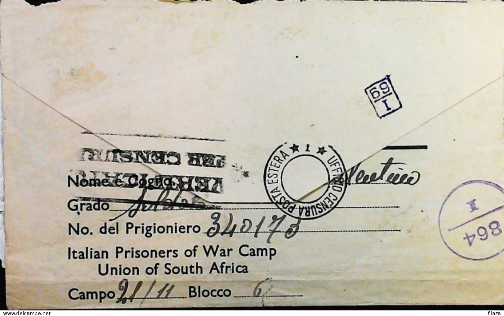 POW WW2 – WWII Italian Prisoner Of War In SOUTH AFRICA - Censorship Censure Geprüft  – S7742 - Militärpost (MP)