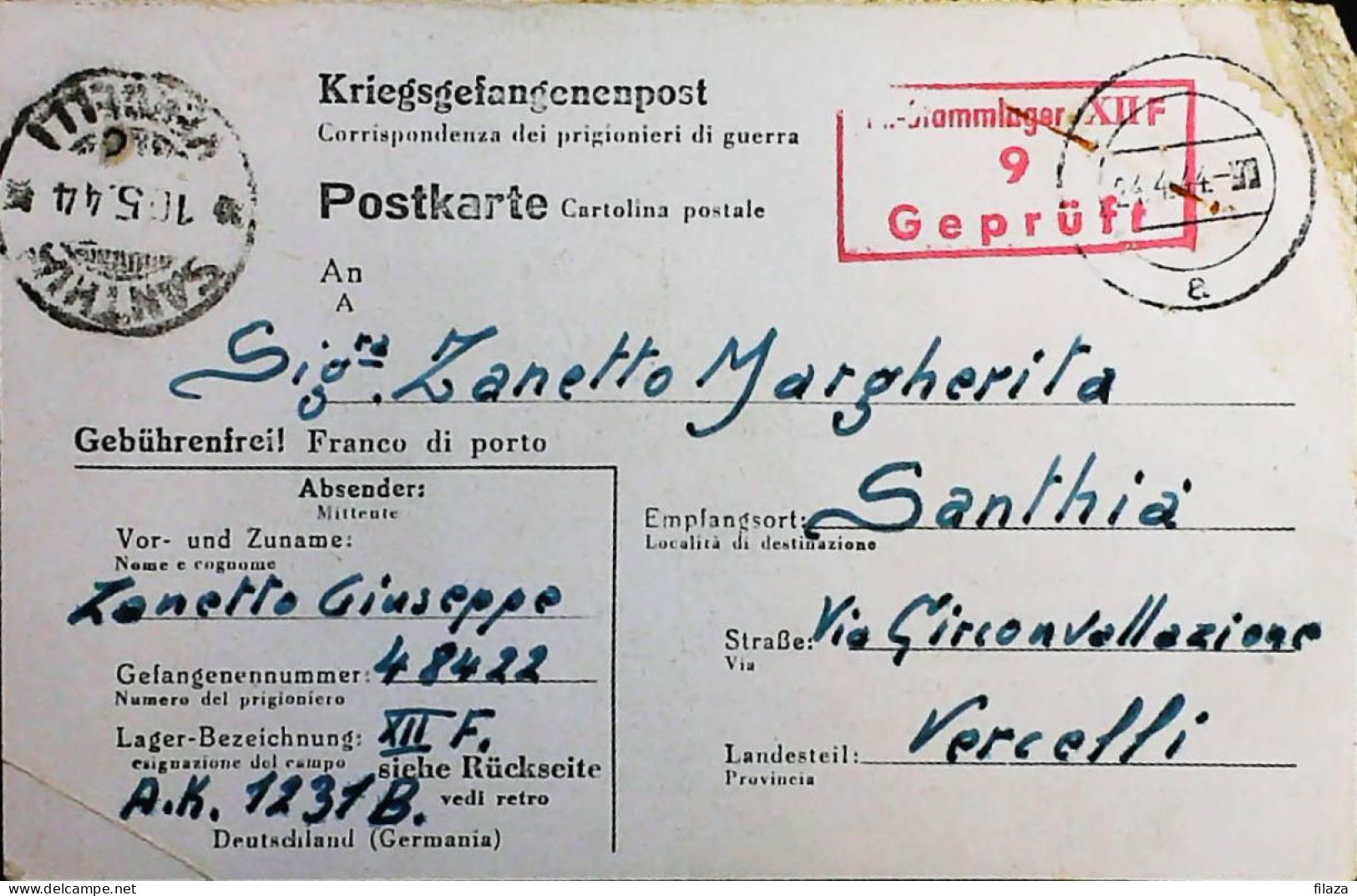 POW WW2 – WWII Italian Prisoner Of War In Germany - Censorship Censure Geprüft  – S7677 - Correo Militar (PM)