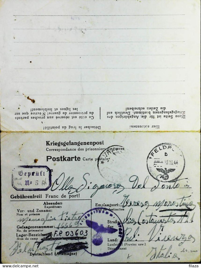 POW WW2 – WWII Italian Prisoner Of War In Germany Bollo FELDPOST- Censorship Censure Geprüft  – S7721 - Military Mail (PM)