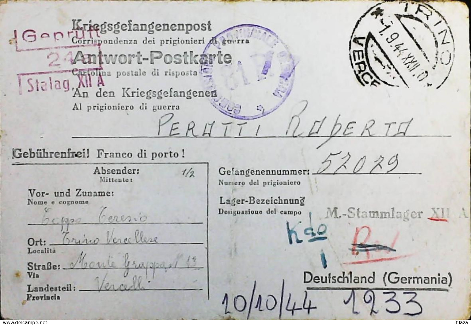 POW WW2 – WWII Italian Prisoner Of War In Germany - Censorship Censure Geprüft  – S7679 - Posta Militare (PM)