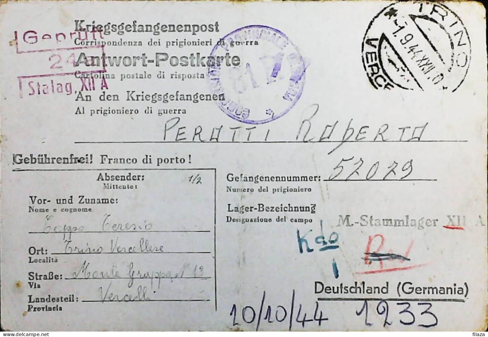 POW WW2 – WWII Italian Prisoner Of War In Germany - Censorship Censure Geprüft  – S7679 - Militärpost (MP)