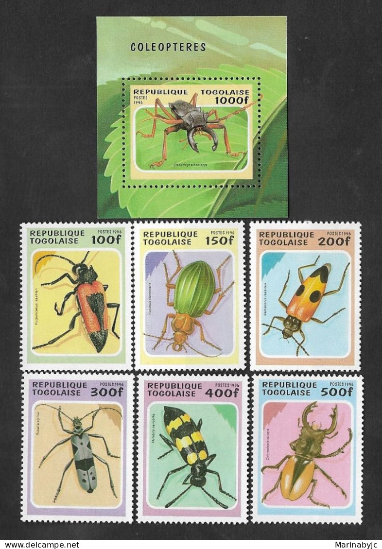 SD)1996 TOGO COMPLETE SERIES BEETLES, SOUVENIR SHEET AND 6 MNH STAMPS - Togo (1960-...)