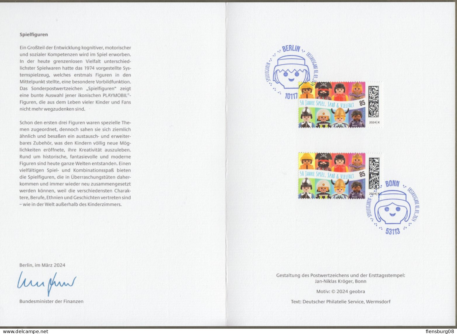 Bund: Minister Card - Ministerkarte Typ VII , Mi-Nr. 3820 ESST: " Spielfiguren: - 50 Jahre Playmobil -  " - Covers & Documents