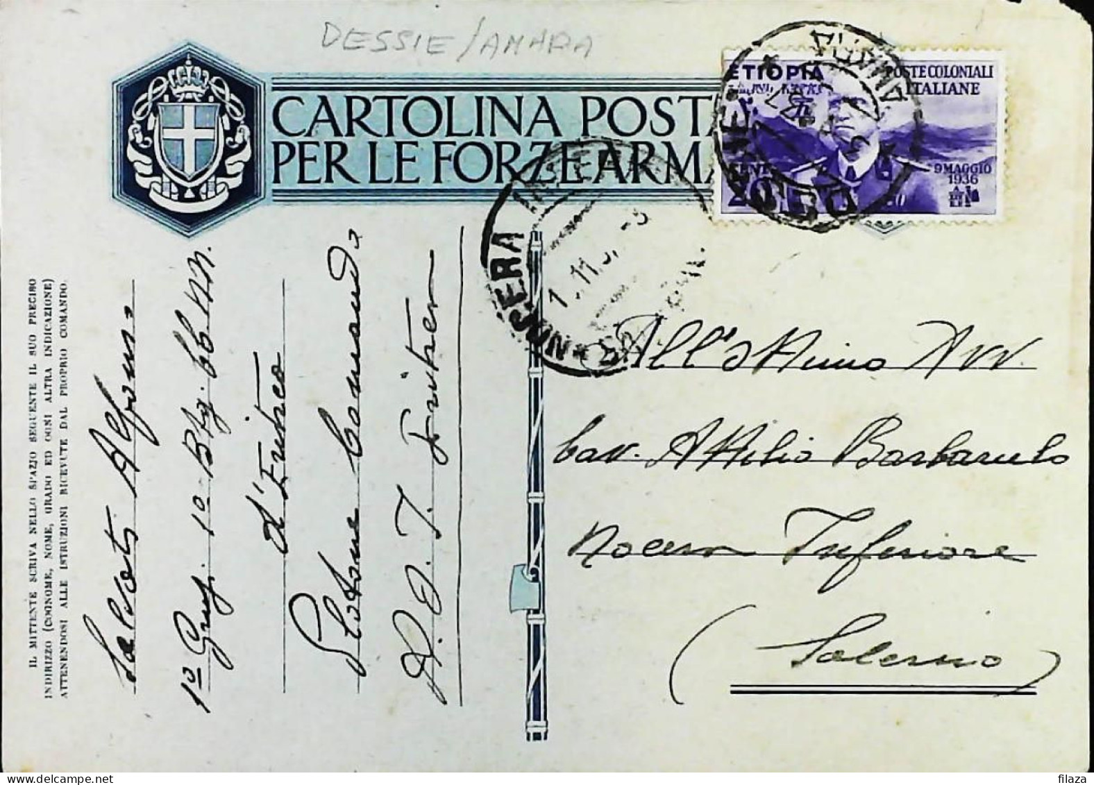 ITALIA - COLONIE -  ETIOPIA C.20 Cartolina Franchigia Da DESSIE' / AMARA Del 1937- S6182 - Aethiopien