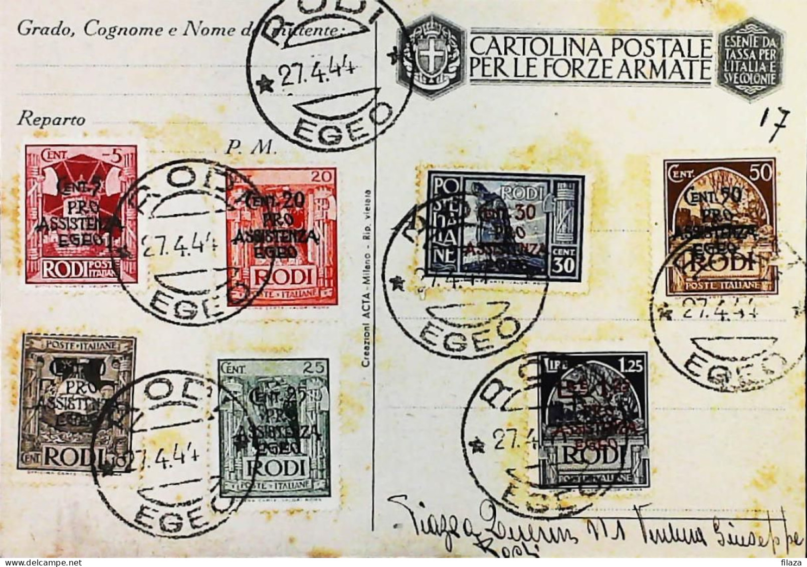 ITALIA - COLONIE -  EGEO Cartolina Franchigia Da RODI Del 1944 PRO ASSISTENZA EGEO - S6325 - Egeo (Rodi)