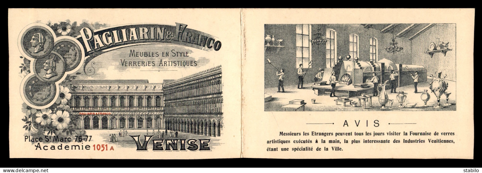 CARTES DE VISITE - FABRIQUE DE MEUBLES ET VERRERIES VENITIENNES, PALIS MOROLIN BENZON, VENISE - CARTE DOUBLE FT 9 X14 - Cartes De Visite