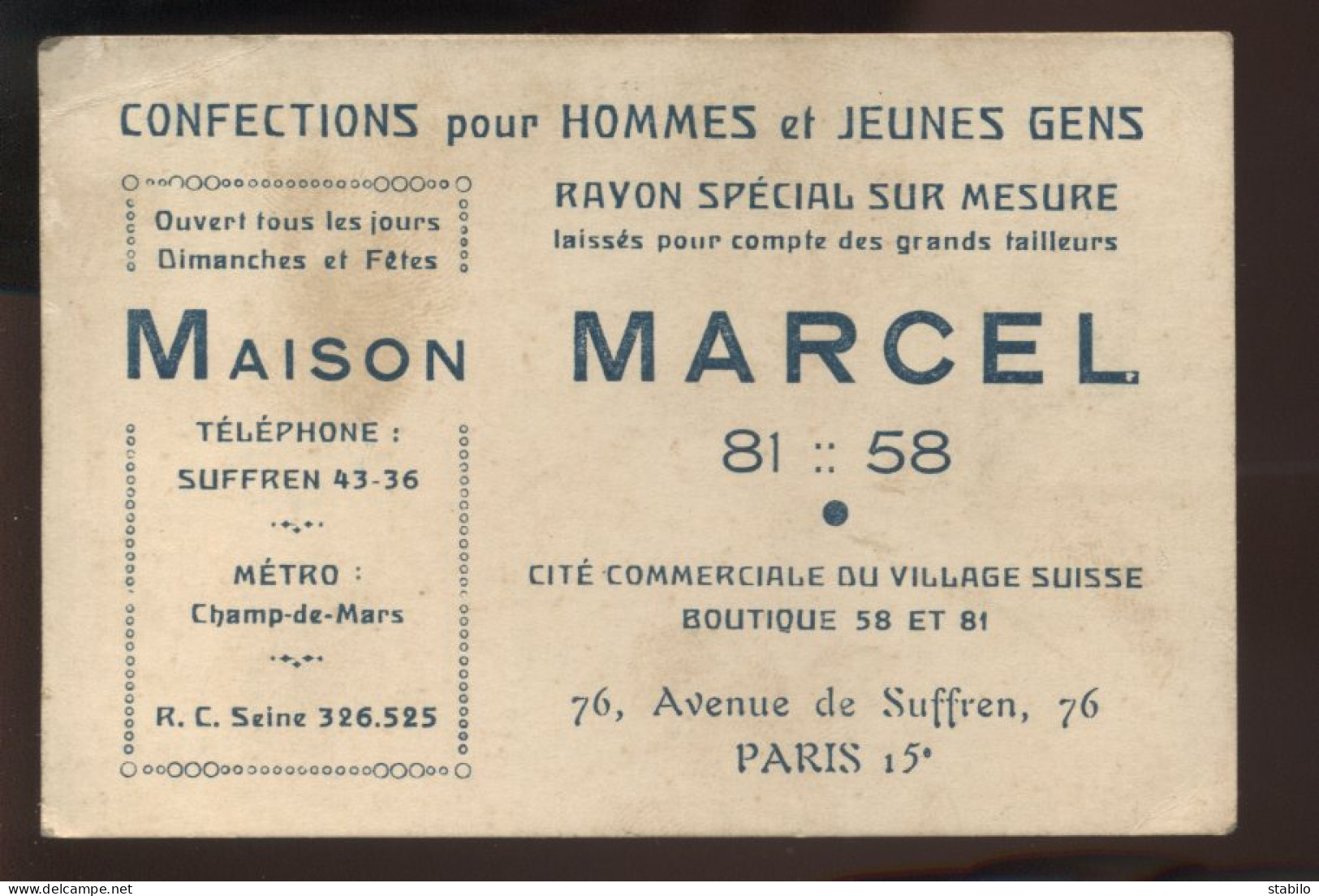 CARTES DE VISITE - PARIS 15EME - MAISON MARCEL, CONFECTIONS POUR HOMMES - 76 AV DE SUFFREN - Cartoncini Da Visita