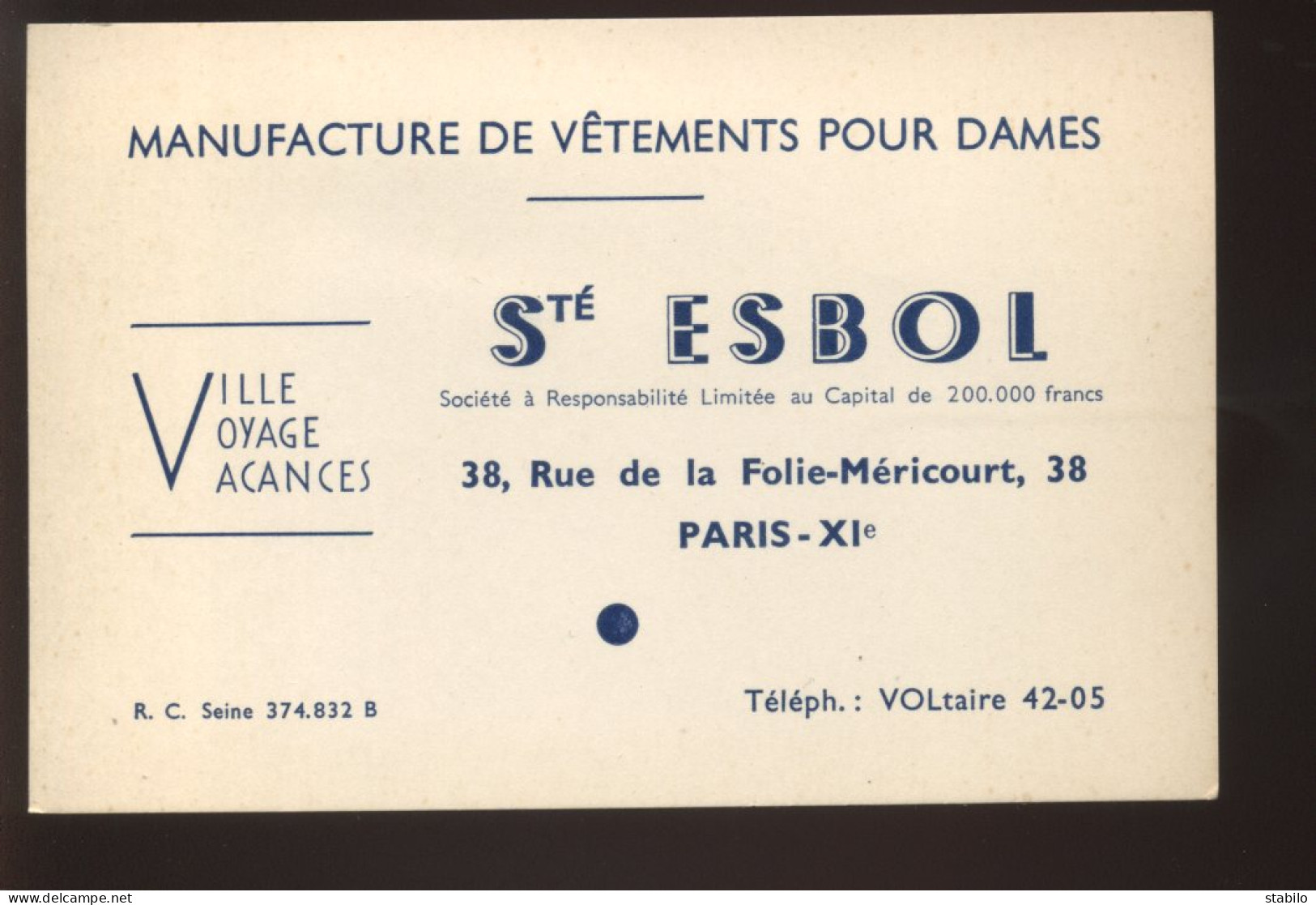 CARTES DE VISITE - PARIS 11EME - STE ESBOL, VETEMENTS POUR DAMES, 38 RUE DE LA FOLIE-MERICOURT - Cartoncini Da Visita