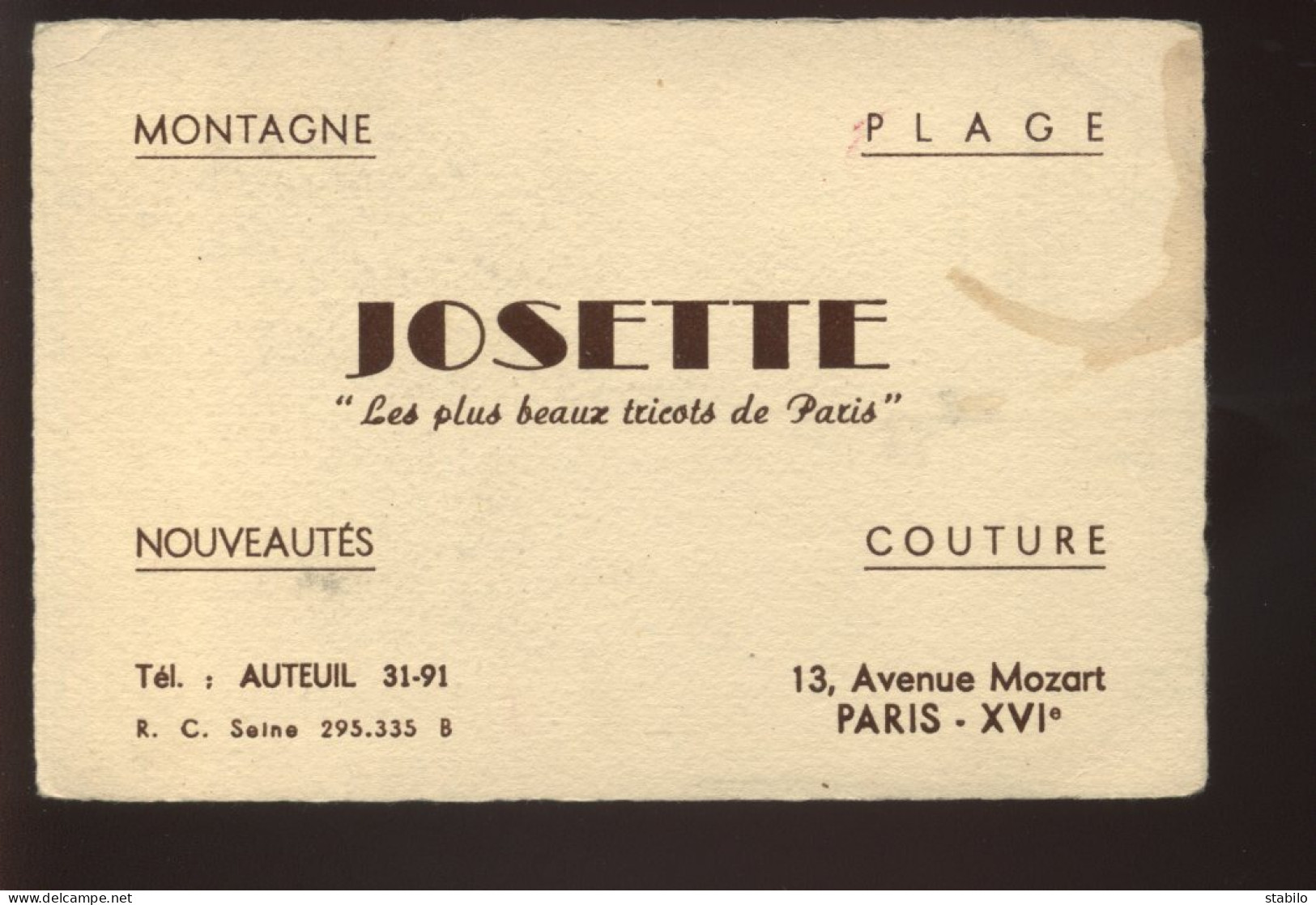 CARTES DE VISITE - PARIS 16EME - "JOSETTE" TRICOTS, 13 AVENUE MOZART - Visiting Cards