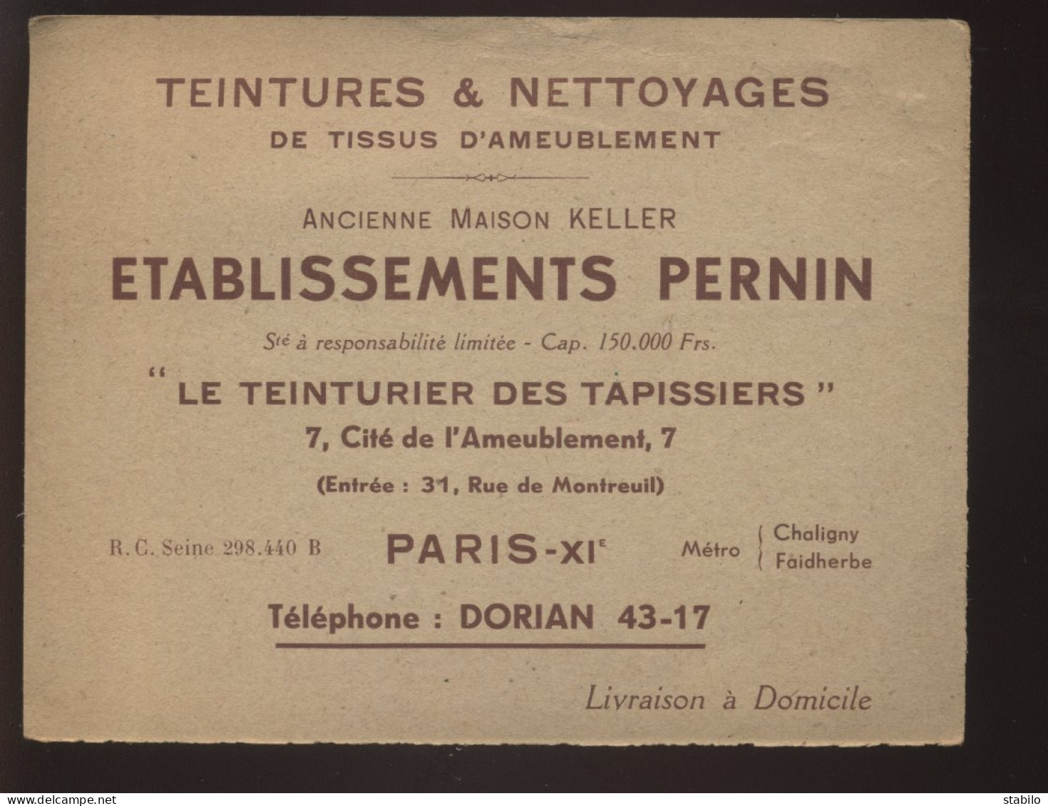 CARTES DE VISITE - PARIS 11EME - ETS PERNIN, TEINTURERIE - 31 RUE DE MONTREUIL - Visiting Cards