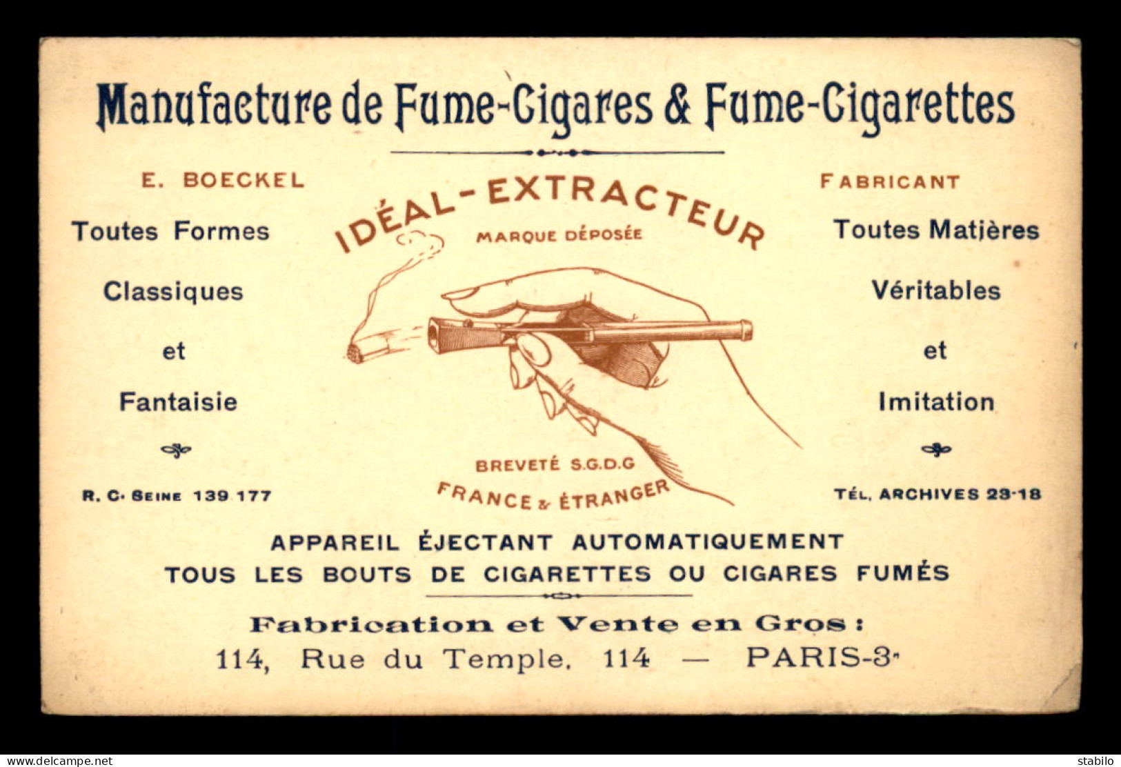 CARTES DE VISITE - PARIS 8EME - MANUFACTURE DE FUME-CIGARES ET CIGARETTES, 114 RUE DU TEMPLE - Cartes De Visite