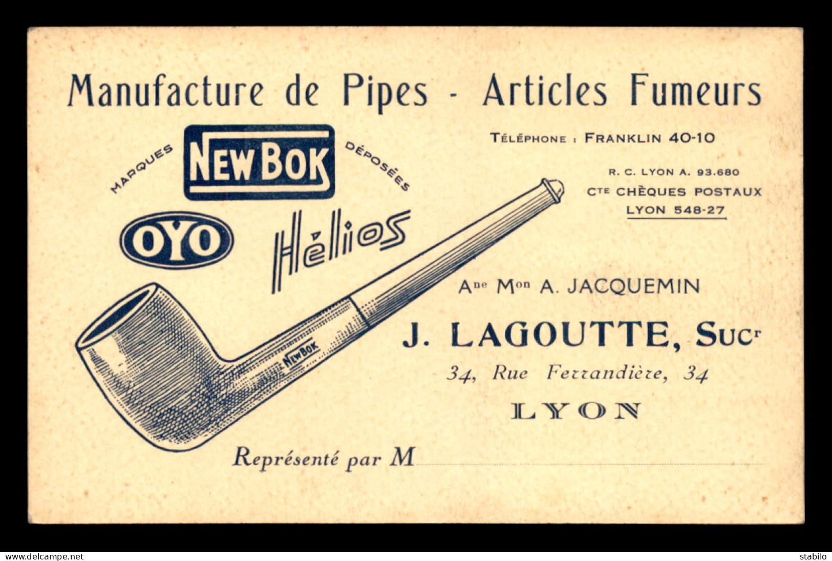 CARTES DE VISITE - LYON (RHONE) - MANUFACTURE DE PIPES J. LAGOUTTE, 34 RUE FERRANDIERE - Cartes De Visite