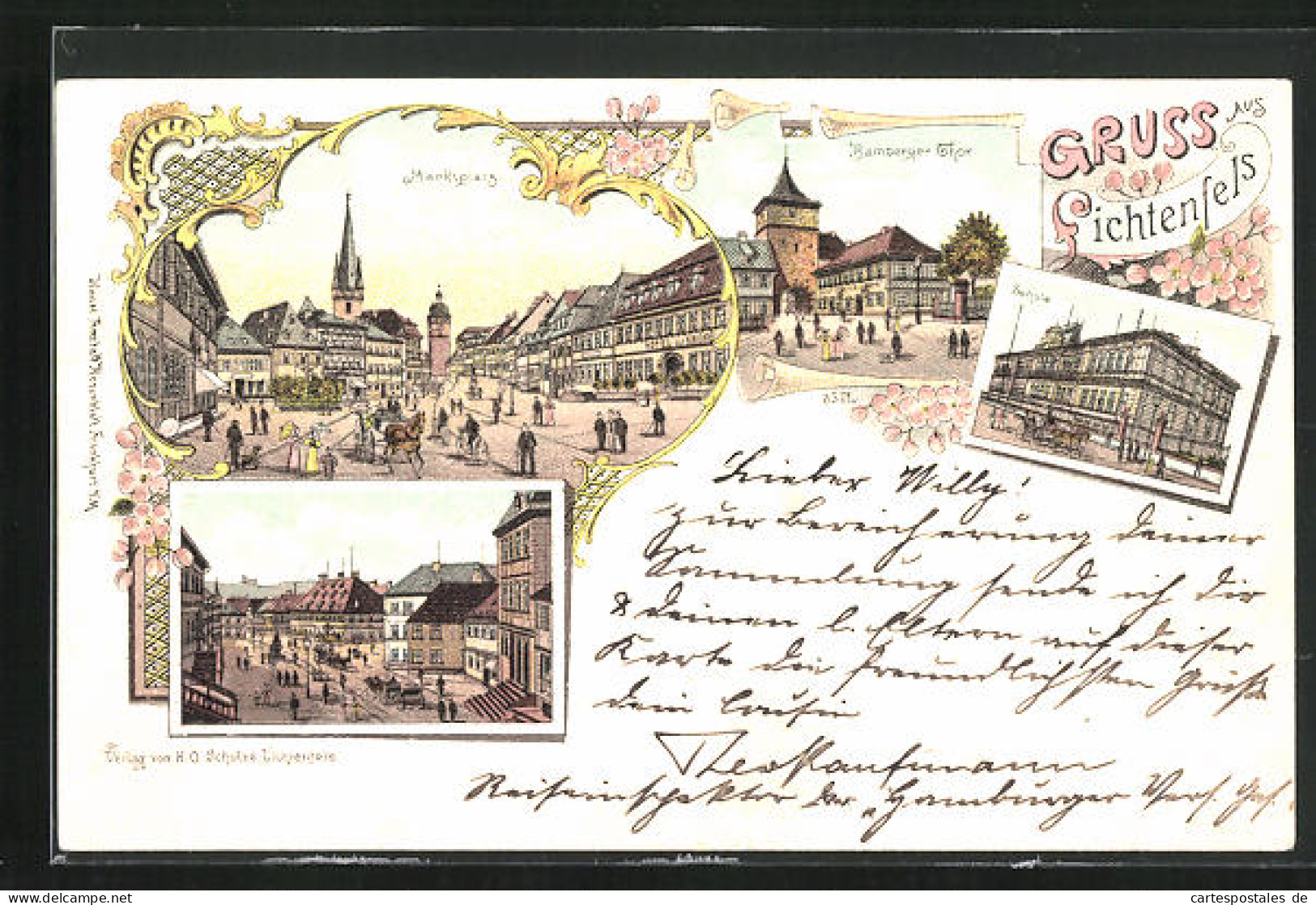 Lithographie Lichtenfels, Schule, Bamberger Tor, Marktplatz  - Lichtenfels