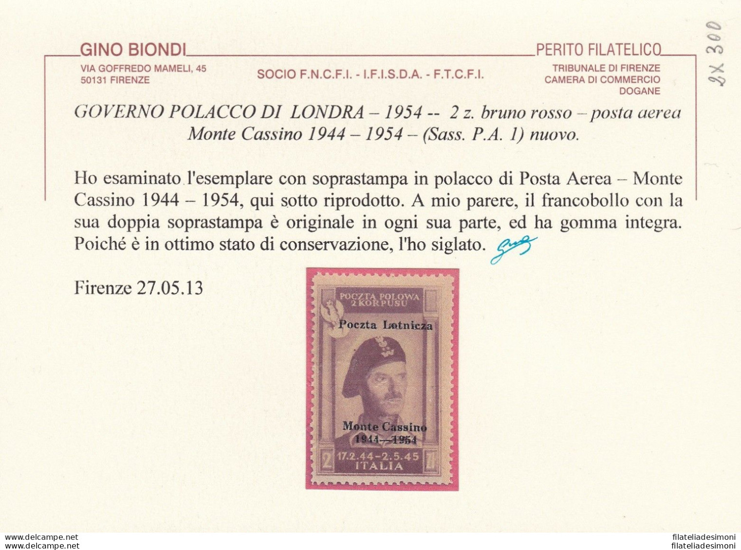 1954 CORPO POLACCO-GOVERNO DI LONDRA, PA N° 1 MNH/** Certificato Biondi DOPPIA - 1946-47 Corpo Polacco Period
