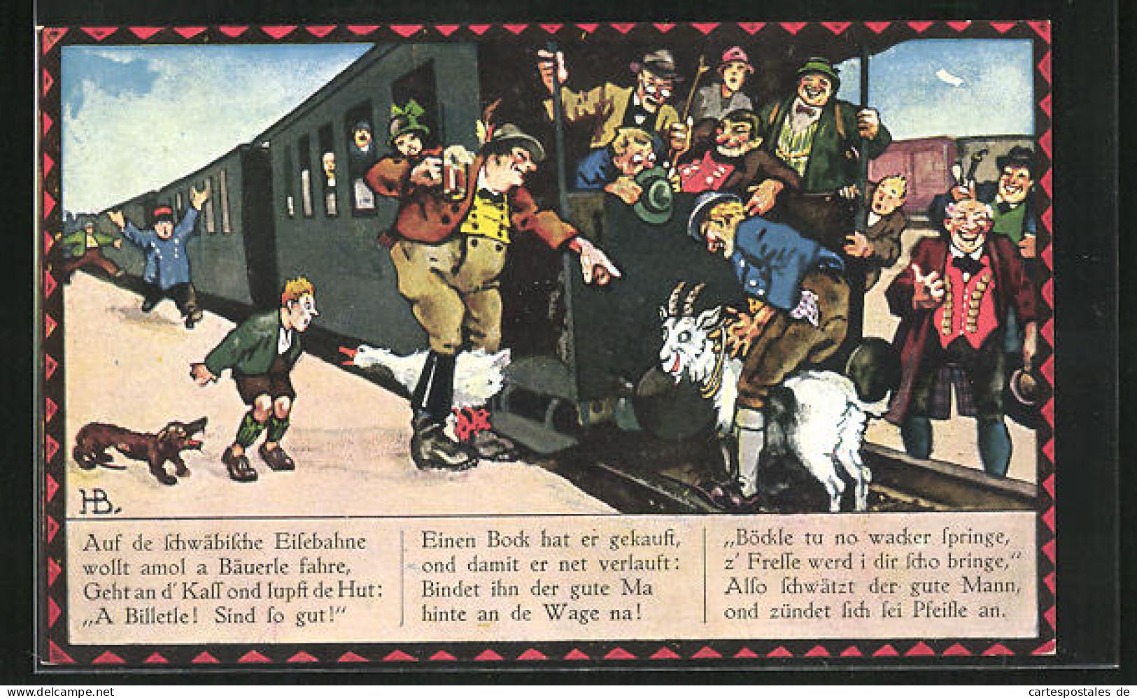 Künstler-AK Hans Boettcher: Schwäbische Eisenbahn, Menschen Bestaunen Lachend Den Geissbock Hinterm Zug  - Boettcher, Hans