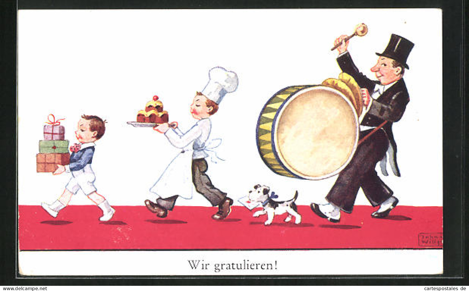 Künstler-AK John Wills: Kinder Mit Geschenken Und Kuchen, Hund Und Mann Mit Trommel  - Wills, John